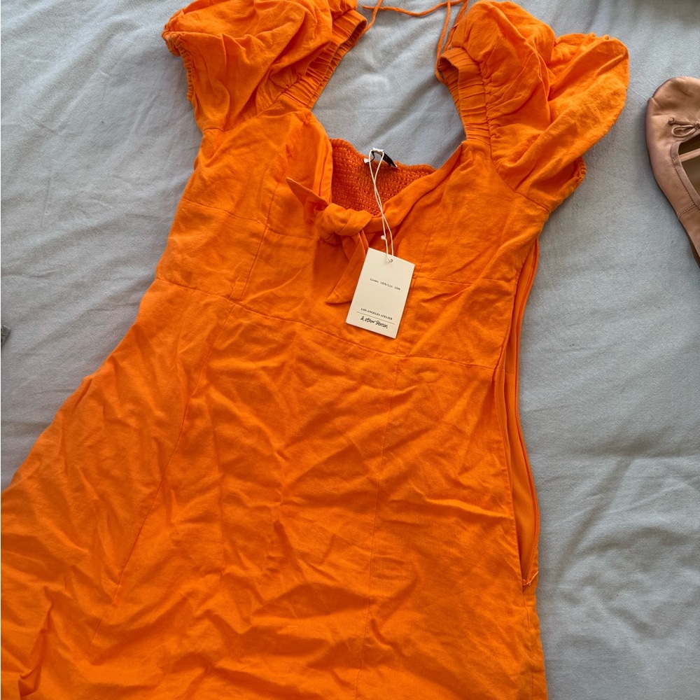 & Other Stories Orange Puff-Sleeve Tie-Front Mini Dress